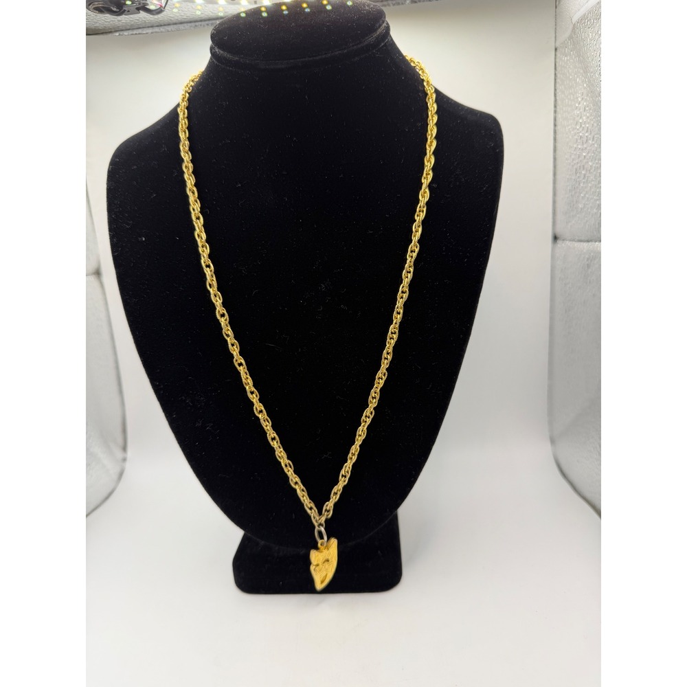 Vintage Gold Tone Comedy Drama‎ Mask Pendant Necklace Twisted Rope Chain 24 Inch